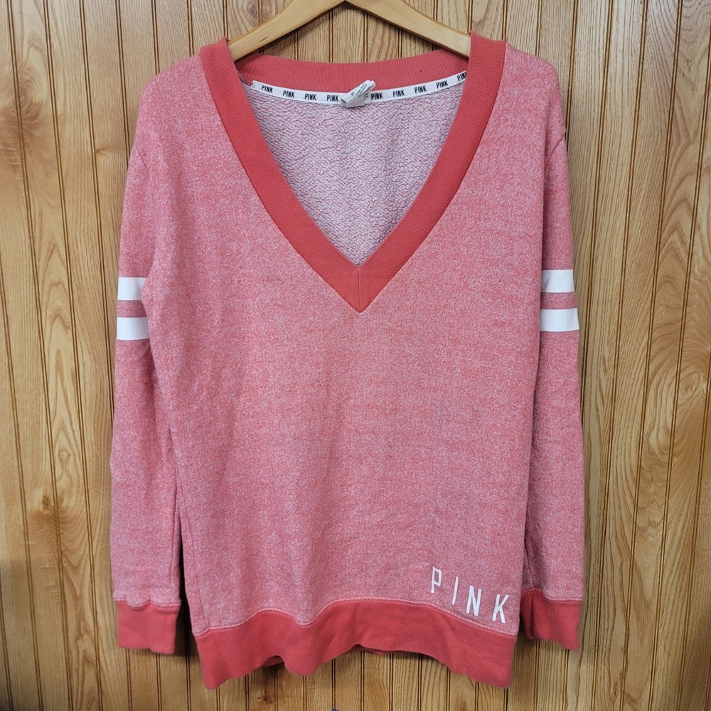 PINK Victoria's‎ Secret V-Neck Sweatshirt Coral Orange Varsity Stripe Womens XS